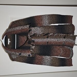 CAbi  Frontier Fringe Brown Black Cotton Silk Sweater Button Coat Size XS